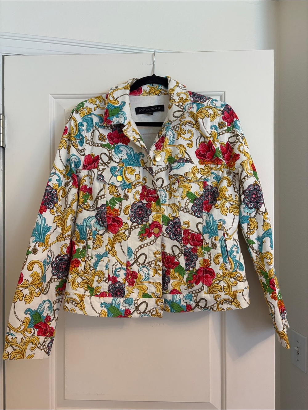 Boston Proper Cream Baroque Floral Jacket with Teal and Red Accents